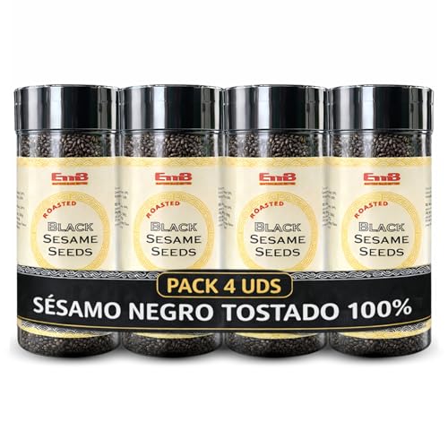 Semillas de sésamo negro, Alto contenido en calcio, hierro, magnesio y zinc, ideal para vegetarianos y veganos, Apto para sushi, ensaladas, sopas, tostadas y platos asiáticos, Pack 4 botes de 100 g