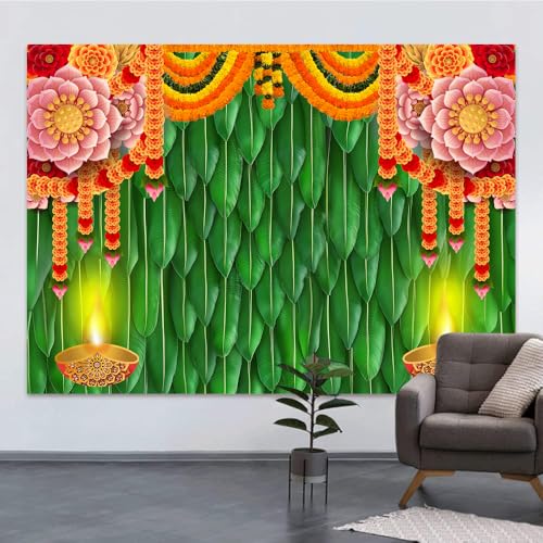 Indian Pooja Photo Backdrop Photography Background, Indian Traditional Green Banana Leaves Backdrop Festival Wedding Party Photo Booth Props Banner 7x5ft by YDIDIAN - Used condition - Image 5