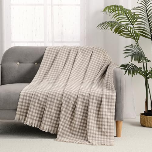 Image of CREVENT Farmhouse Boho Knitted Throw Blanket for Couch Sofa Chair Bed Home Decoration, Soft Warm Cozy Light Weight for Spring Summer Fall (50''X60'' Plaid Tan)