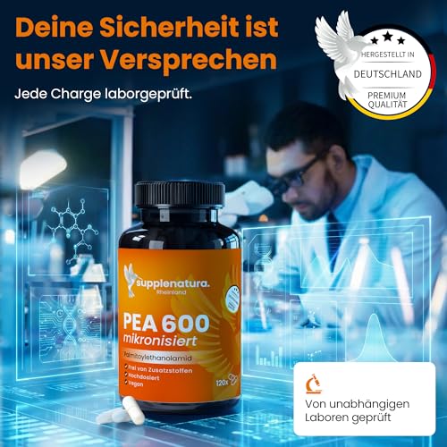 PEA Kapseln | MIKRONISIERT: 1200mg Palmitoylethanolamid pro Dosis | 120 Kapseln | 100% Pure Pea, Laborgeprüft | Produziert in Deutschland - SUPPLENATURA®