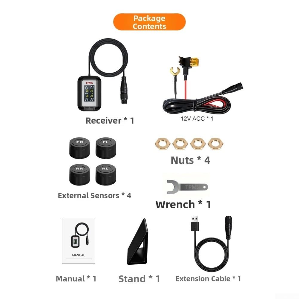 Manometro digitale TPMS senza fili con app di controllo mobile per moto, camion, camper, spegnimento automatico, monitoraggio della temperatura, grande schermo LCD, alimentazione 12 V