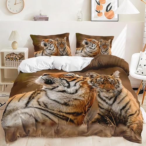 Housse de Couette 240 x 260 Tigre Parure de Lit 2 Personnes Animaux Sauvages 3D Imprimée Doux Microfibre Literie 3 Pièces avec Fermeture Éclair et 2 Taies d'oreiller...