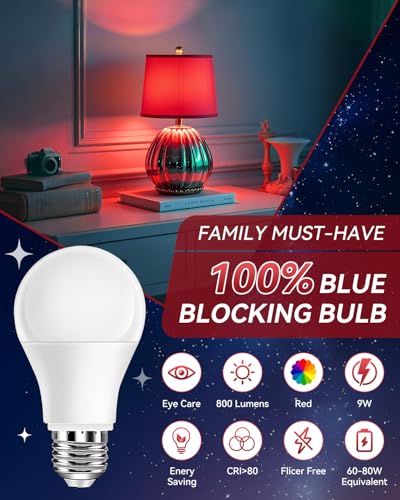 Image of Neporal Red Light Bulbs for Sleep 9W, 100% Blue Light Blocking Night Light, 625nm Red Light Bulb for Melatonin Promoting, A19 60W Equivalent Dim Light Bulbs for Bedroom, Baby Nursery,6 Packs