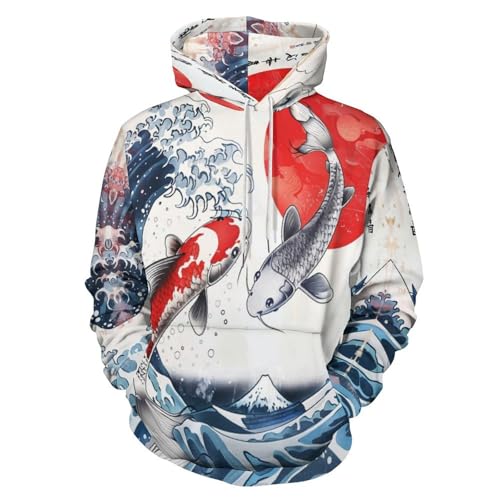 Sweat-shirt à manches longues vagues de koi homme, finition haut de gamme style Hokusai