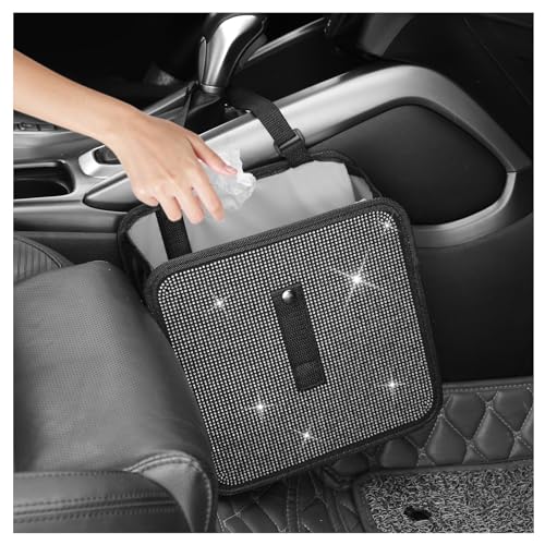 Image of Bling Car Trash Can with Rhinestone,Foldable Car Garbage Can for in-Vehicle Waste Disposal,Multipurpose Hanging Back Seat Organizer & Decorations Fit for Most Cars Trucks