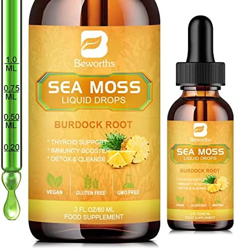 B BEWORTHS Sea Moss Liquid Drops - 92 Vitamins Minerals Organic Irish Sea Moss Gel with Burdock Root Supplement Immune, Joint & Thyroid, Detox Cleanse & Digestive Support - 2 Fl Oz, Vegan