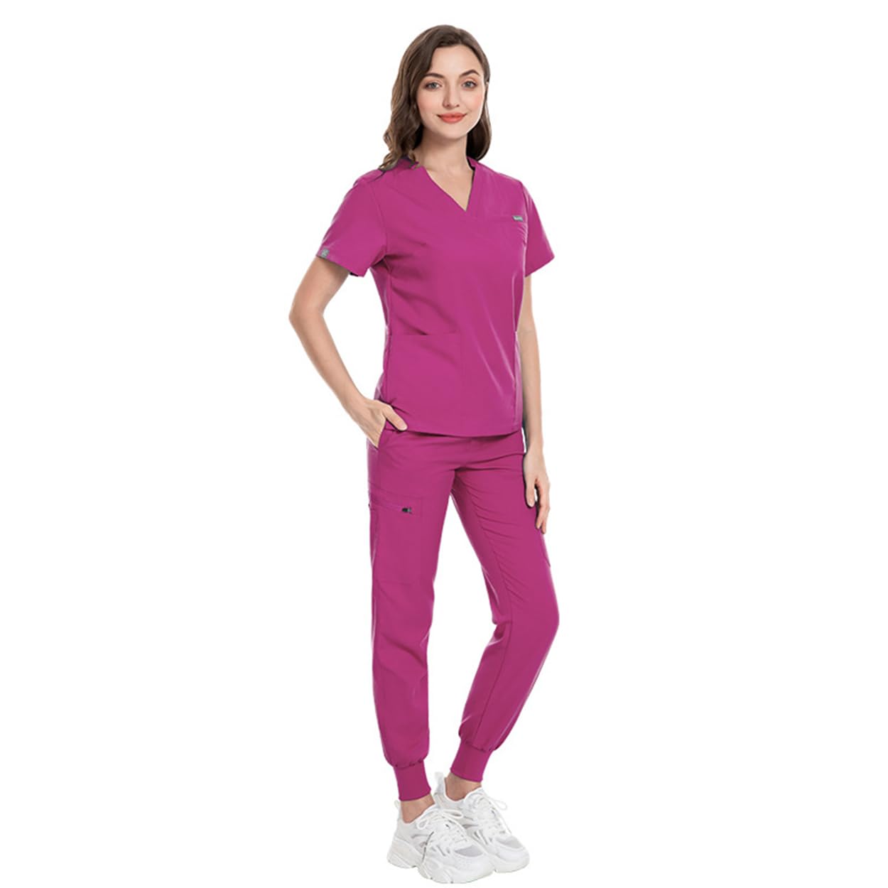 Uniformi mediche Scrubs Top manica corta con scollo a V e 3 tasche Pantaloni Yoga Jogger affusolati Elastico in vita DK09