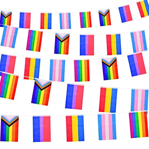Banderines de orgullo arcoíris de 32.8 pies con 30 banderines – Bandera de orgullo gay LGBTQ+ progreso, banderines de rayas coloridas para decoraciones del orgullo, mes del orgullo, hogar, escuela,