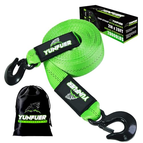 YUNFUER Nylon Tow Straps Heavy Duty with Hooks 2 inch x 20ft(20,000lbs) Car Tow Strap for UTV, ATV, Truck(Green)
