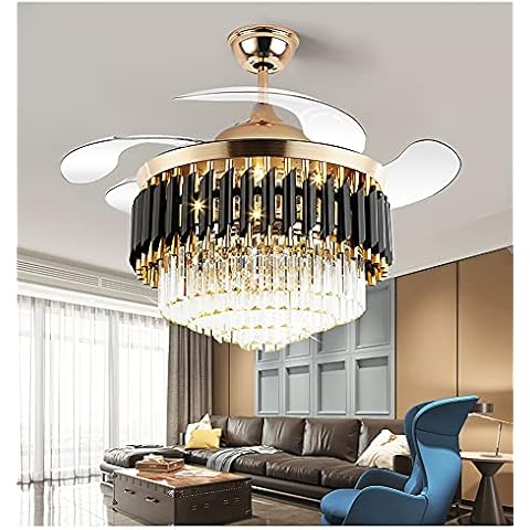 Angry Pryo 42 Inch Invisible Crystal Ceiling Fans with Lights, Retractable LED Ceiling Fan Chandelier with Remote Control 3 Color 3 Speed Fandelier,Gold Polished with Silent Motor Cover