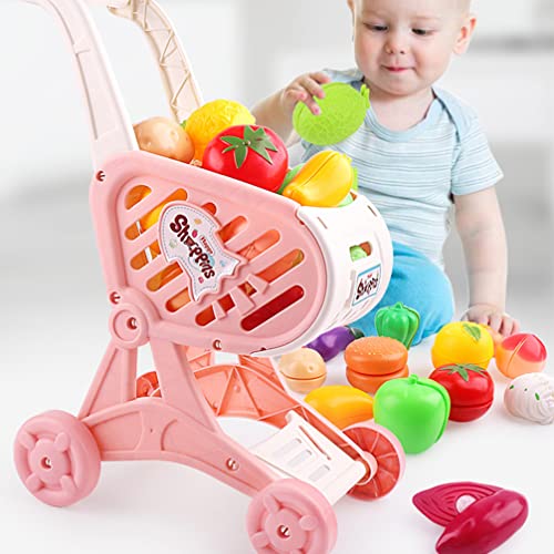 Gadpiparty 1 Set Children Shopping Cart Trolley Play Set With Pretend Play Grocery Food Fruit Vegetables Accessories Supermarket Shopping Cart Toy For Boys Girls Pink #TOP1