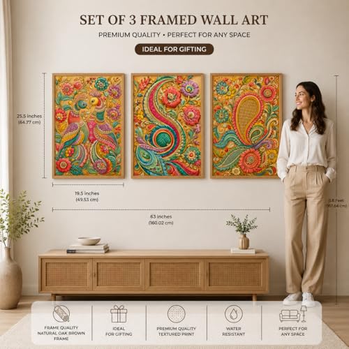 Image of Livin'luxe Set of 3 Colorful Peacock Paisley Floral Wall Paintings for Living Room Bedroom Home Decor with Premium Wooden Color Synthetic Frame (25.5 x 19.5 Inch) NM03-78