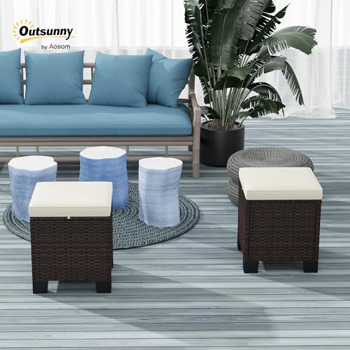 image for Outsunny 2 Pieces Outdoor Patio Ottomans, All Weather Wicker Outdoor F