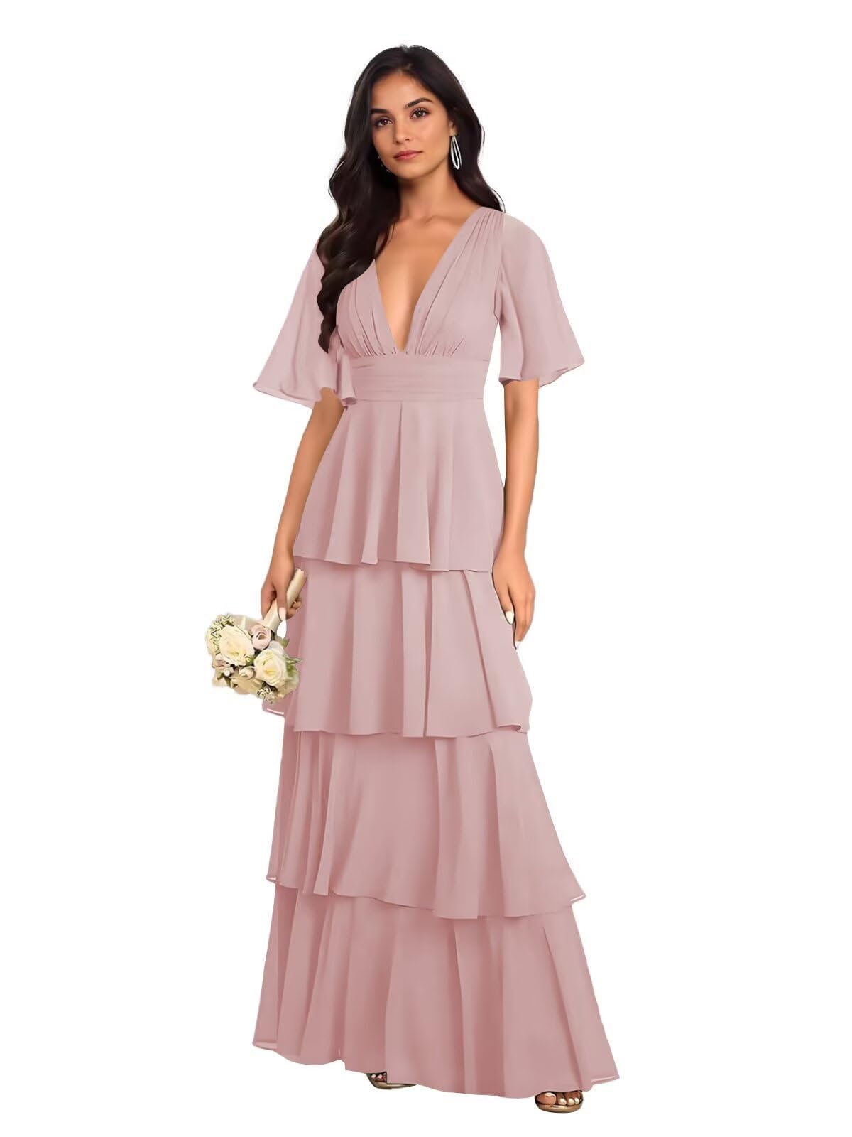 Flügelärmel Chiffon Abendkleider Elegant für Hochzeit,V-Ausschnitt Gestufte Brautjungfernkleider Lang für Damen Stufige Rüschen Festliche Kleider für Hochzeitsgäste
