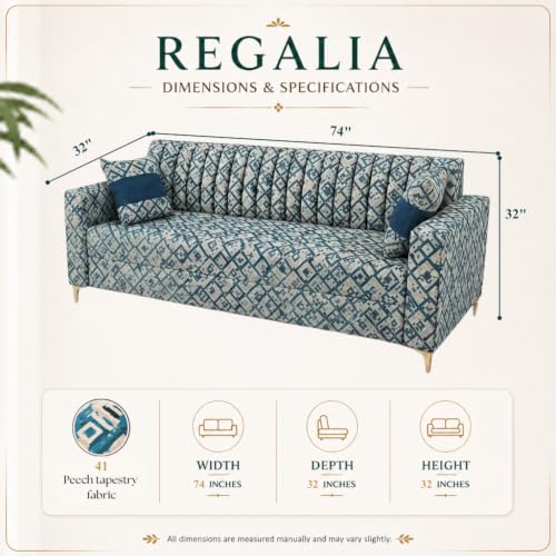 Image of FURNY Signature Regalia 3 Seater Sofa Set | Tapestry Fabric | 40D Foam + Zigzag Spring | 3-Yr Warranty (Lagoon Mosaic Blue) | Modern Living Luxury Sofa Set for Home, Office & Hotel Spaces