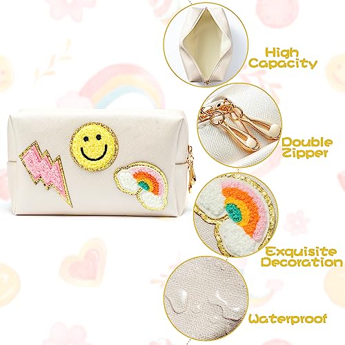 Lietoi Preppy Patch Small Cosmetic Toiletry Bag Smile Rainbow Lightning Pu Leather Waterproof Portable Cosmetic Makeup Bag Travel Organizer Pouch For Toiletries Storage Women Girls Gift (Shell White) #TOP3