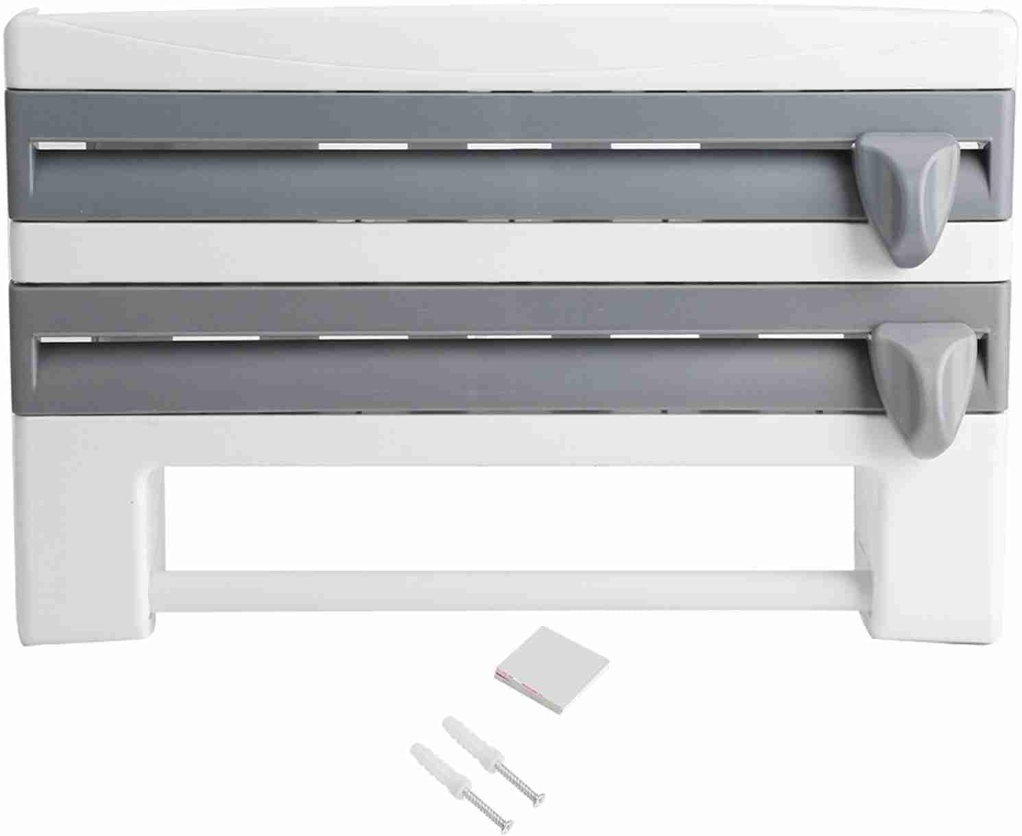 HURRISE Kitchen Sauce Bottle Storage Rack with Cling Film and Holder - WallMounted Kitchen Tool in Grey (Grey White)