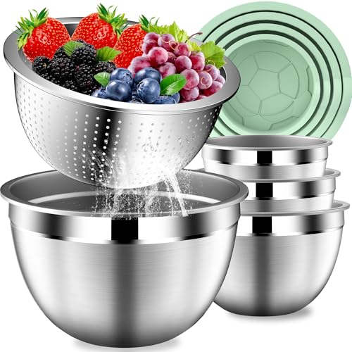 DUTZUN Mixing Bowls with Lids Set, Stainless Steel Mixing Bowl Set with Colander, Strainer with Bowls - Pistachio