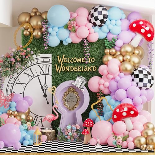 Image of 159Pcs Wonderland Balloon Arch Garland Kit Wonderland 1st Birthday Party Decorations Pastel Pink Blue Purple Metallic Gold Balloons for Onederland Baby Shower Garden Tea Party Spring Supplies