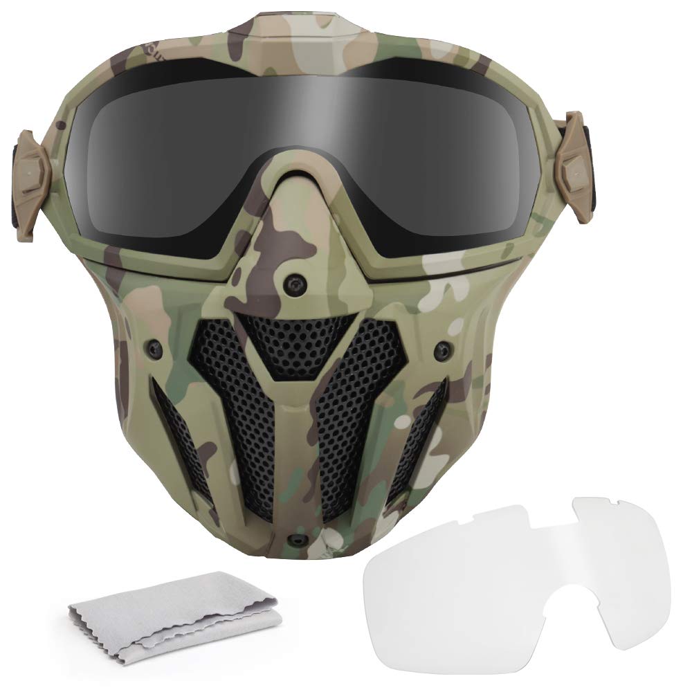 Camo Airsoft Mask Maschera protettiva integrale con protezione anti-appannamento staccabile, ventola di scarico Minitype Sostituire le lenti per CS Survival Game, Halloween Cosplay maschera e film Prop