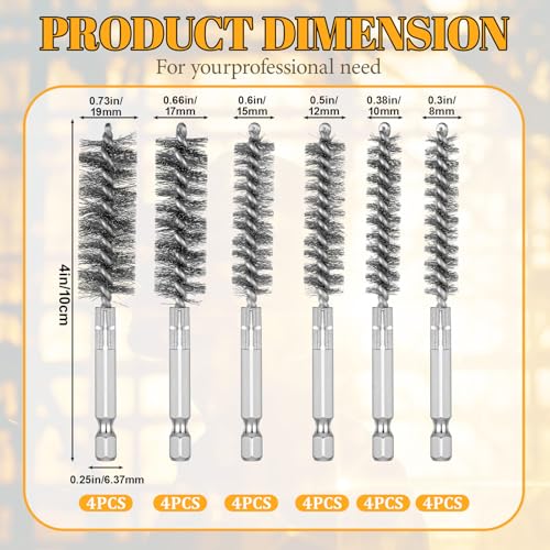 Image of 24 Pcs Bore Brush for Drill, Stainless Steel Bore Brush Set Wire Cleaning Brush for Power Drill Impact Driver Wire Bore Cleaning Tubes Brush Set (8 /10 /12 /15 /17 /19MM)