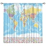 KANEPE World Map Curtains, Educational Geography Countries Map of The World Window Treatments, Rod Pocket Thermal Insulated Drapes 2 Panel Sets for Bedroom Living Room, 42' W X 45' L【Decor】