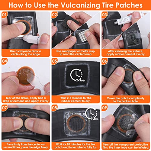 ROADPLUM 50Pcs Bicycle Inner Tire Repair Kit Bike Tube Patch Kit with 30Pcs Vulcanizing Patches 6Pcs Glueless Puncture Patches Tire Scraper Sandpaper Metal Rasp for BMX MTB Road Bike Inflatable Rubber