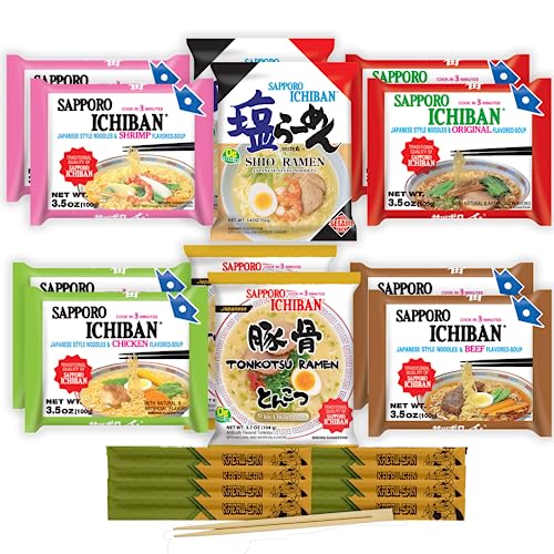 Instant Ramen Noodles Bundle. Includes Authentic Japanese Sapporo Ichiban Ramen Variety with 6 Flavors. Enjoy Quick & Easy Instant Noodle Meals. Comes with 12 Pack Kaeru-san Premium Wooden Chopsticks.