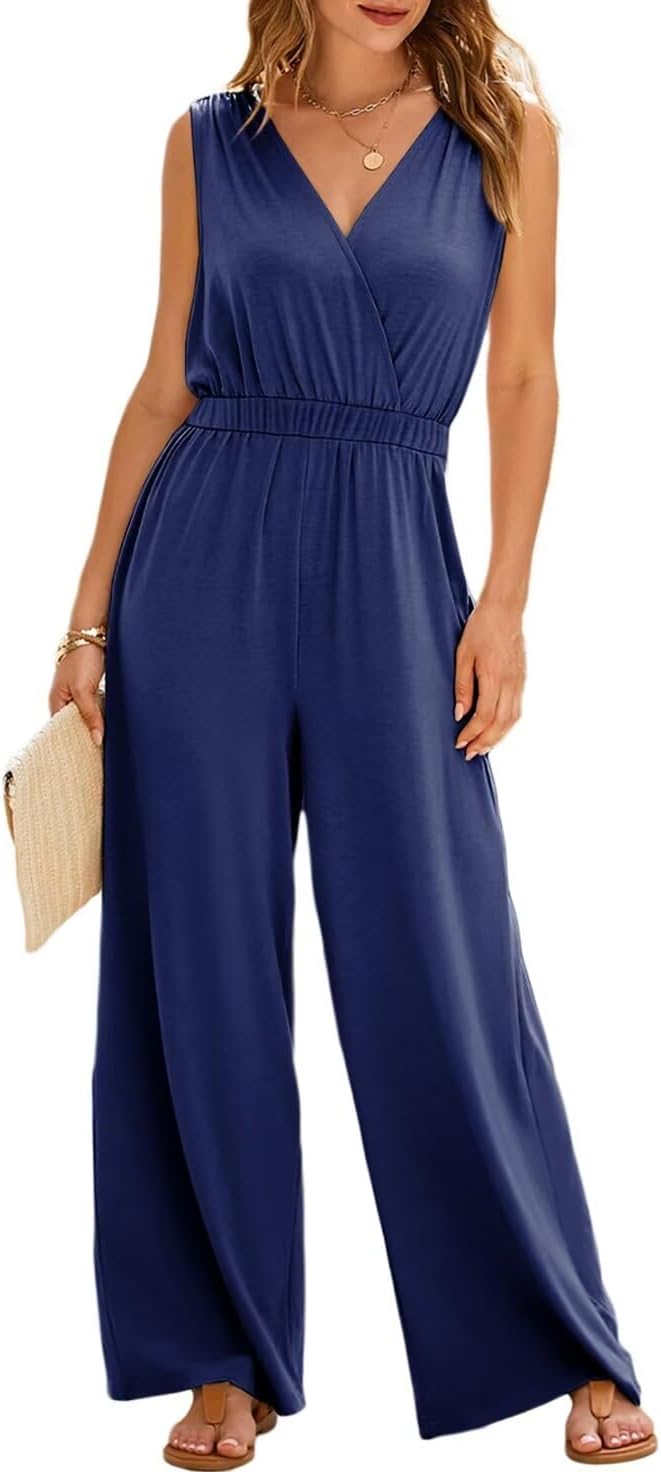 BLENCOT Women Casual Jumpsuits Sleeveless V Neck Pleated Wide Leg Overalls Fashion Summer Rompers