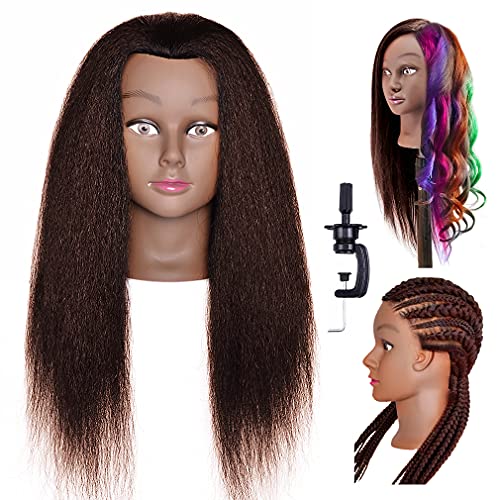 QNQZ Mannequin Head with Real Hair, African American Mannequin Head, Cosmetology Mannequin Head Hair Styling Training Head Salon Students Beauty Schools Mannequin Head and Free Clamp Holder