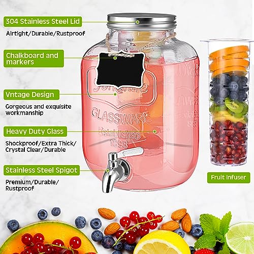 Image of Lallisa 2 Pcs 2 Gallon Glass Drink Dispenser with Stand Ice Cylinder Hanging Chalkboard Signs 18 /8 Stainless Steel Spigot Beverage Dispensers for Parties Mason Jar Drink Lemonade (Silver Spigot)