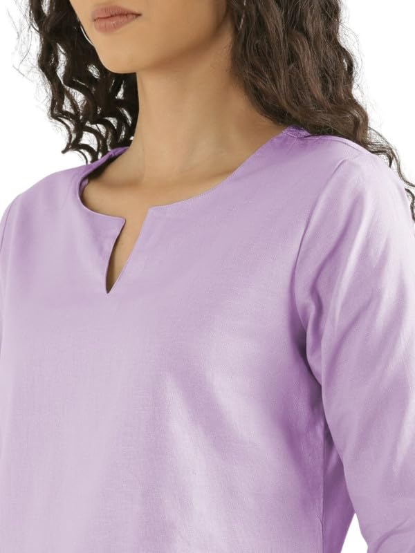 Image of SAADAA Airy Linen Split Neck Short Kurta for Women | Casual & Office Wear | 3 /4 Sleeves, Comfortable Fit | Elegant Top | Lightweight & Breathable Fabric |