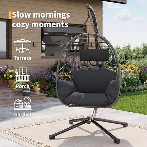 Aptliton Swing Egg Chair Indoor&Outdoor, Hanging Chair with Metal Stand, Foldable Hammock Chair, 150kg Weight Capacity, Weatherproof PE Rattan with Dust Cover & Cushions for Patio, Balcony, Grey 6 Aptliton Swing Egg Chair Indoor&Outdoor, Hanging Chair with Metal Stand, Foldable Hammock Chair, 150kg Weight Capacity, Weatherproof PE Rattan with Dust Cover & Cushions for Patio, Balcony, Grey - Image 6