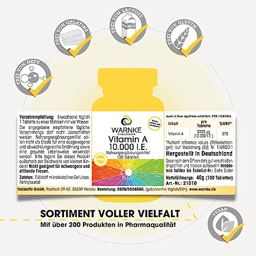 Vitamin A Tabletten von Warnke Vitalstoffe, 10.000 I.E. (3000µg Retinol)