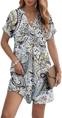 KISSMODA Womens Casual Dress Plunge V Neck Short Sleeve Pullover Flowy Empire Waist Shirt Dresses Summer Fashion Elegant Pleated Front Vacation Beach Tunic Dress