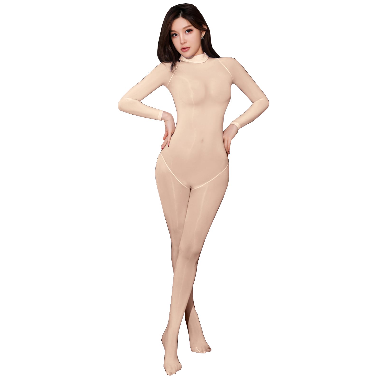 Bodystocking 8 deniers à manches longues sans couture en nylon pour homme - Col haut - Brillant - Avec housse de pénis