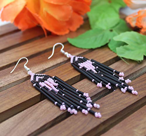 Handmade Metallic Pink Black Bugle Seed Beads Beaded Earrings- E-15-Sb-22 #TOP2