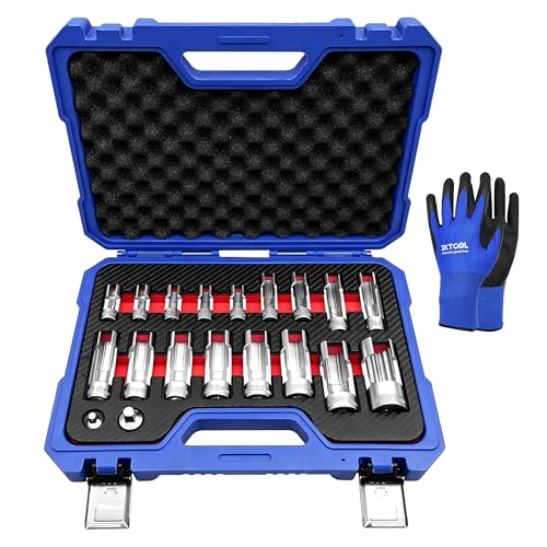 ZKTOOL 19PCS Diesel Injector Fuel Line Socket Set Metric 8-27mm Flare Nut Socket Set 3/8 1/2 Drive 5-Point Avoid Wire Nut Sockets for Wired Temperature Sensor Thermo Switch With Box and Gloves