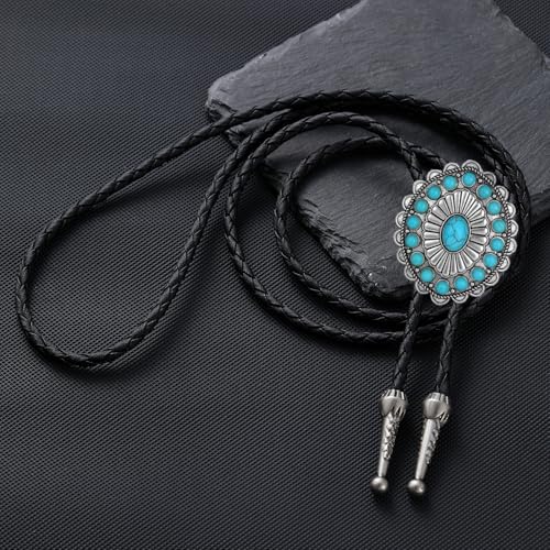 Image of AZORA Western Cowboy Bolo Tie Men Leather Necktie Leather Cord Turquoise Stone Bolo Ties for Men Women