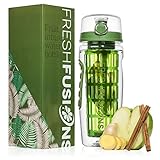 Fresh Fusions Fruit Infuser Water Bottle 32 oz - With Insulated Sleeve + Healthy Recipe Ebook - Includes 25 Infused Water Recipes - Lemon Water Bottle Infusion Detox BPA Free Tritan Water Bottles