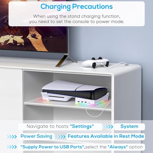 Image of New World RGB Horizontal Stand for PS5 Slim Console Accessories with 14 Light Mode and 4 USB Hubs, Side Stand for Playstation 5 Slim Disc & Digital, Base Holder with Fast Controller Charging