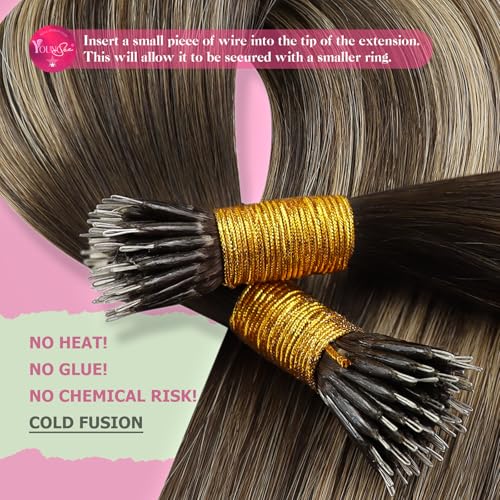 Image of YoungSee Nano Ring Hair Extensions Ombre Nano Tip Hair Extensions Human Hair Dark Brwon Balayage Caramel Blonde Human Hair Extension Nano-Bead 18 Inch Nano-Tip Extension for Wedding 50g 50 Strands