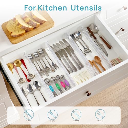 Image of Vtopmart 4 Pack 2.36 inch Short Upgrade Drawer Dividers for Kitchen Drawer, 12.8 inch-22.3 inch Expandable Kitchen Drawer Organizer, Clear Plastic Organizer Separator for Flatware, Utensil, Cutlery, Underwear