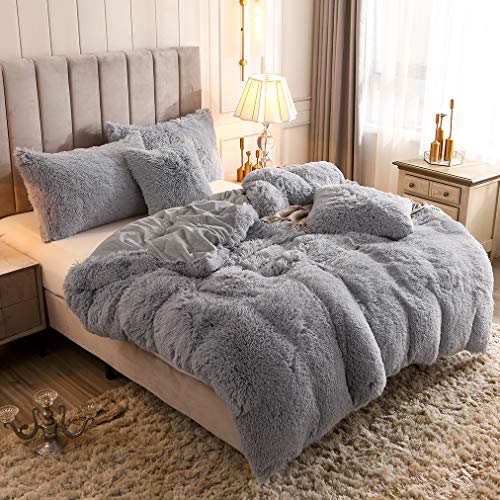 Black Friday - 70% OFF Uhamho Solid Fluffy 1PC Faux Fur Plush Duvet Cover Luxury Shaggy Velvet Bedspread Zipper Closure (Gray, King)