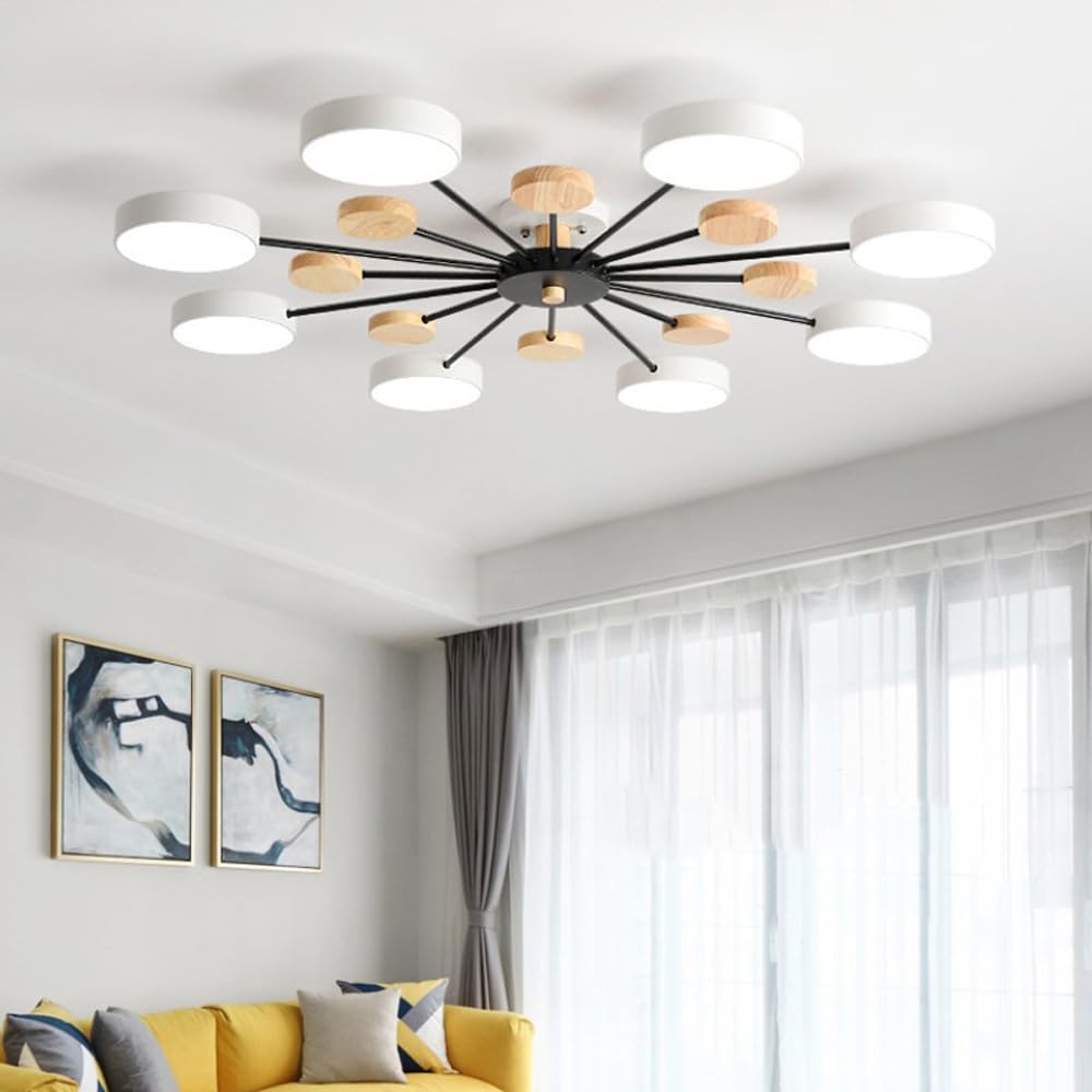 Suspension moderne 3 lumières en bois blanc, vert et gris pour salon