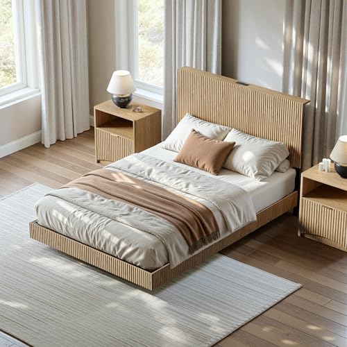 Image of Evermagin Oak Full Floating Bed Frame with Headboard | Boho Fluted Platform Bed with LED Lights, Heavy Duty Floating Bedframe with Charging Station, No Box Spring Needed
