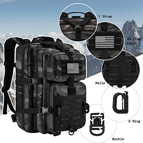 Image of Hannibal Tactical MOLLE Assault Pack, Tactical Backpack Military Army Camping Rucksack, 3-Day Pack Trip w /USA Flag Patch, D-Rings, Black Camo