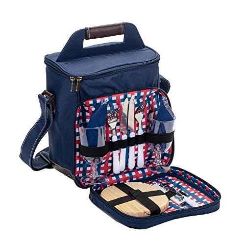 Class Collections 11 Piece Two Person Wine and Cheese Insulated Picnic Cooler Bag Set, Navy Blue