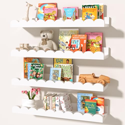 Nursery Book Shelves for Wall ,4-Pack Floating Kids Bookshelf for Bedroom, Nursery and Playroom – Wall Mounted, Space Saving, Easy to Install, Holds Multiple Books – Ideal for Children’s Room Storage