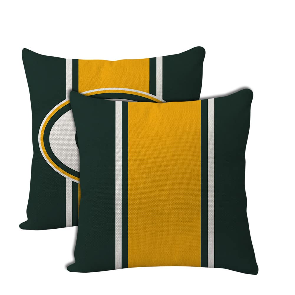 2pcs Football Style Throw Pillow Covers 18 x 18 Inch Linen Material Pillow Case Decoration for Green Bay Home Sofa Couch